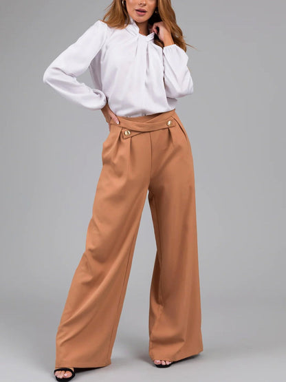 Pantalon Femme Large – Taille Haute – Boutons Décoratifs – Tissu Fluide – Longueur Totale