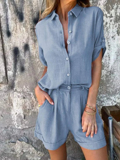 Jumpsuit for women – Relaxed fit – Breathable linen – Drawstring waist – Short sleeves