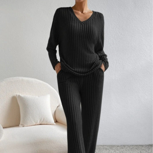 Ensemble Femme – Haut Col V Manches Longues – Pantalon Droit