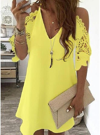 Women's trapeze dress – mini length – lace sleeves bare shoulders – V-neck
