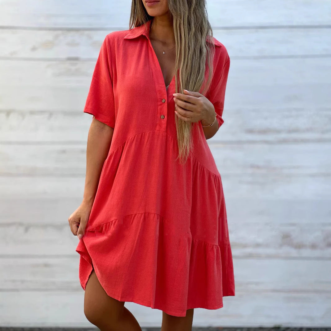 Women's trapeze dress – Breathable natural fibers – Short sleeves – Buttoned V-neck