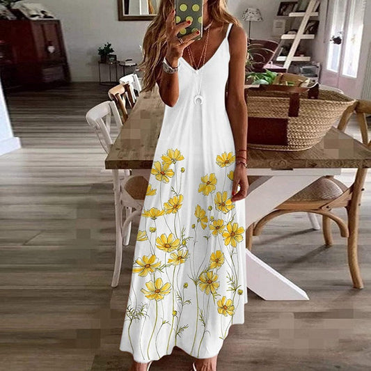 Women's long dress – Loose fit – Thin straps – V-neck – Floral print