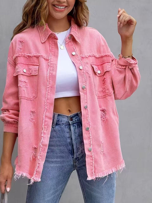 Veste en jean femme – Coupe oversize – Longueur mi-longue – Détails usés et effilochés