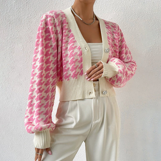 Gilet Femme – Maille Douce – Motif Pied-de-Poule – Coupe Courte – Manches Bouffantes
