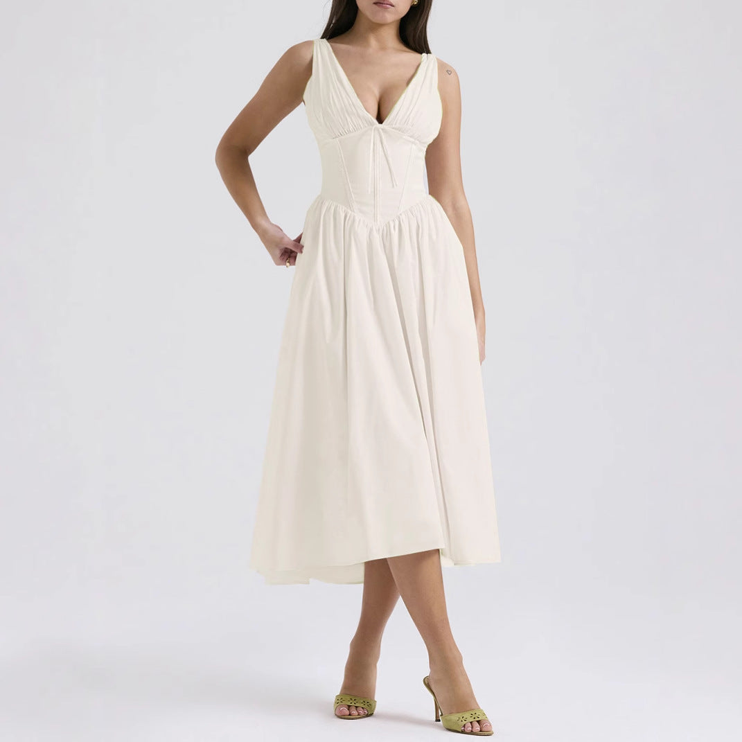 Robe femme sans manches – Décolleté en V – Coupe évasée – Imprimé fleuri – Longueur midi