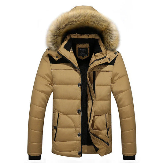 Men's Winter Jacket - Quilted Texture - Slim Fit - Stand Collar - Faux Fur Hood