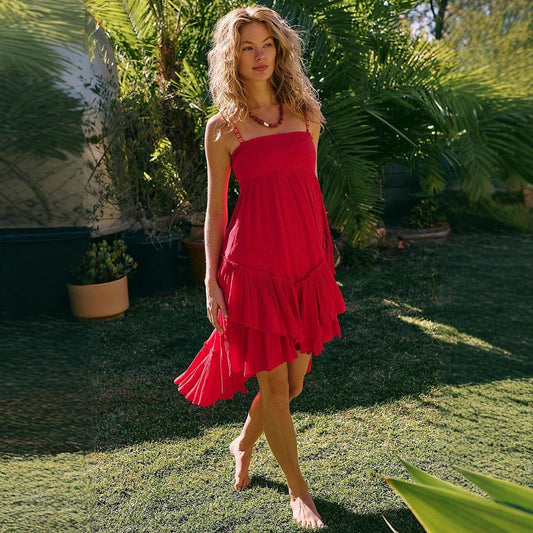 Robe femme sans bretelles – Coupe fluide – Jupe à volants superposés