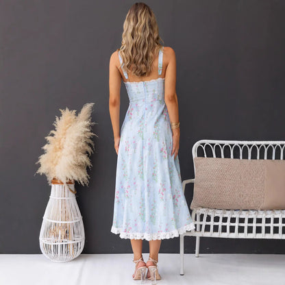 Women's midi dress – Flared cut – Thin straps – Floral print – Lace trim