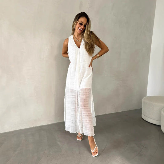 Robe longue femme – Dentelle ajourée – Sans manches – Coupe fluide – Décolleté en V