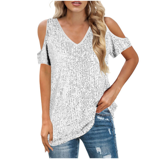 Women's V-neck top – Loose fit – Bare shoulders – Front with shiny sequins