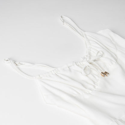 Robe longue femme – Coton léger – Bretelles fines – Dos nu – Jupe à volants