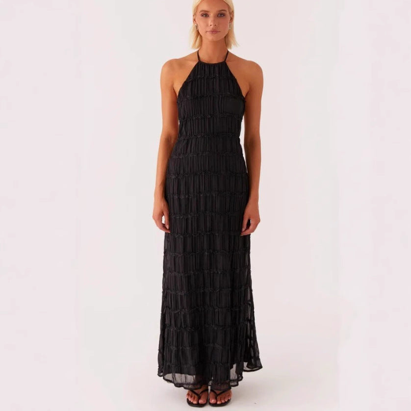 Robe longue femme – Col halter – Dentelle – Taille nouée – Coupe fluide