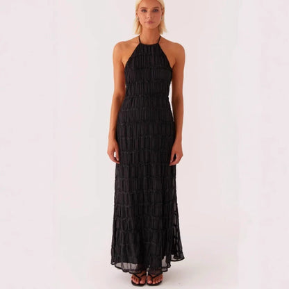 Robe longue femme – Col halter – Dentelle – Taille nouée – Coupe fluide