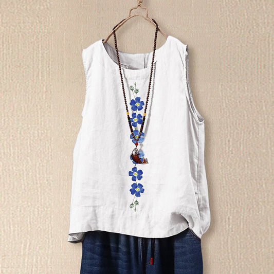Women's sleeveless blouse – Relaxed fit – Natural fibers – Floral embroidery