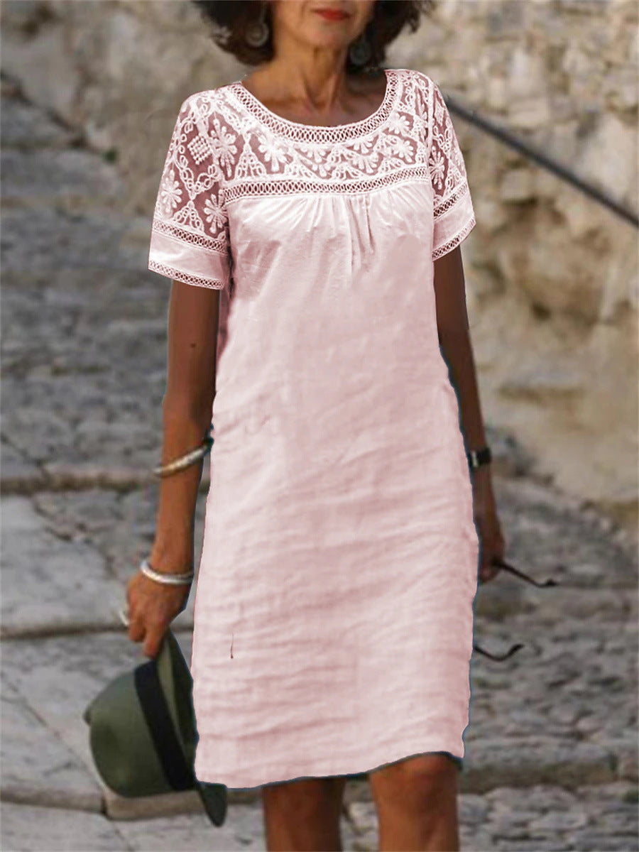 Robe d'été femme - Empiècement dentelle manches courtes - Coupe ample - Col rond