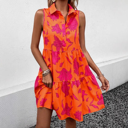 Robe courte femme – Coupe évasée – Sans manches – Boutonnée – Imprimé fleuri