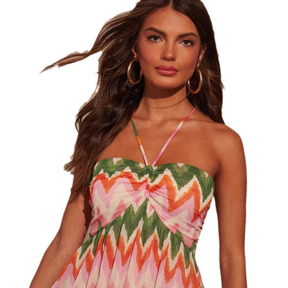 Robe longue femme – Coupe fluide – Col halter – Jupe évasée à volants – Tissu respirant