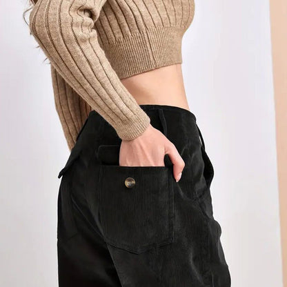 Pantalon femme droit en velours côtelé – taille haute – coupe décontractée – long