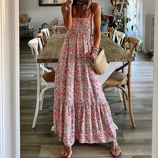 Long women's dress – Thin straps – Flowing cut – Floral print – Breathable fabric