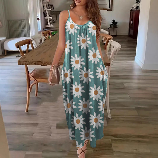 Women's long dress – Flowing cut – Thin straps – Floral print – Breathable fabric