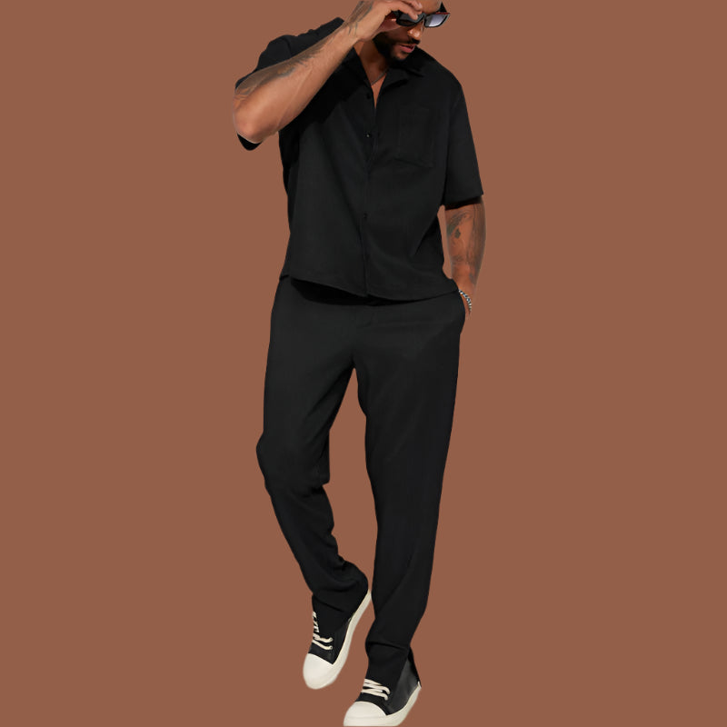 Ensemble décontracté homme – Coupe ample – Chemise à col manches courtes – Pantalon long – Tissu respirant
