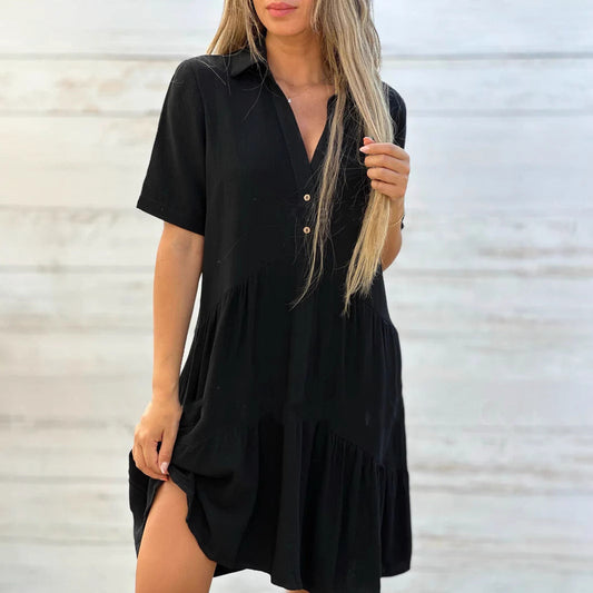 Women's trapeze dress – Breathable natural fibers – Short sleeves – Buttoned V-neck