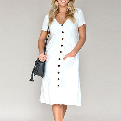 Women's flared dress – Buttoned front – Short sleeves – Breathable fabric – Midi length