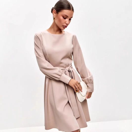 Robe midi femme – Coupe ajustée – Manches longues – Nœud taille – Tissu fluide