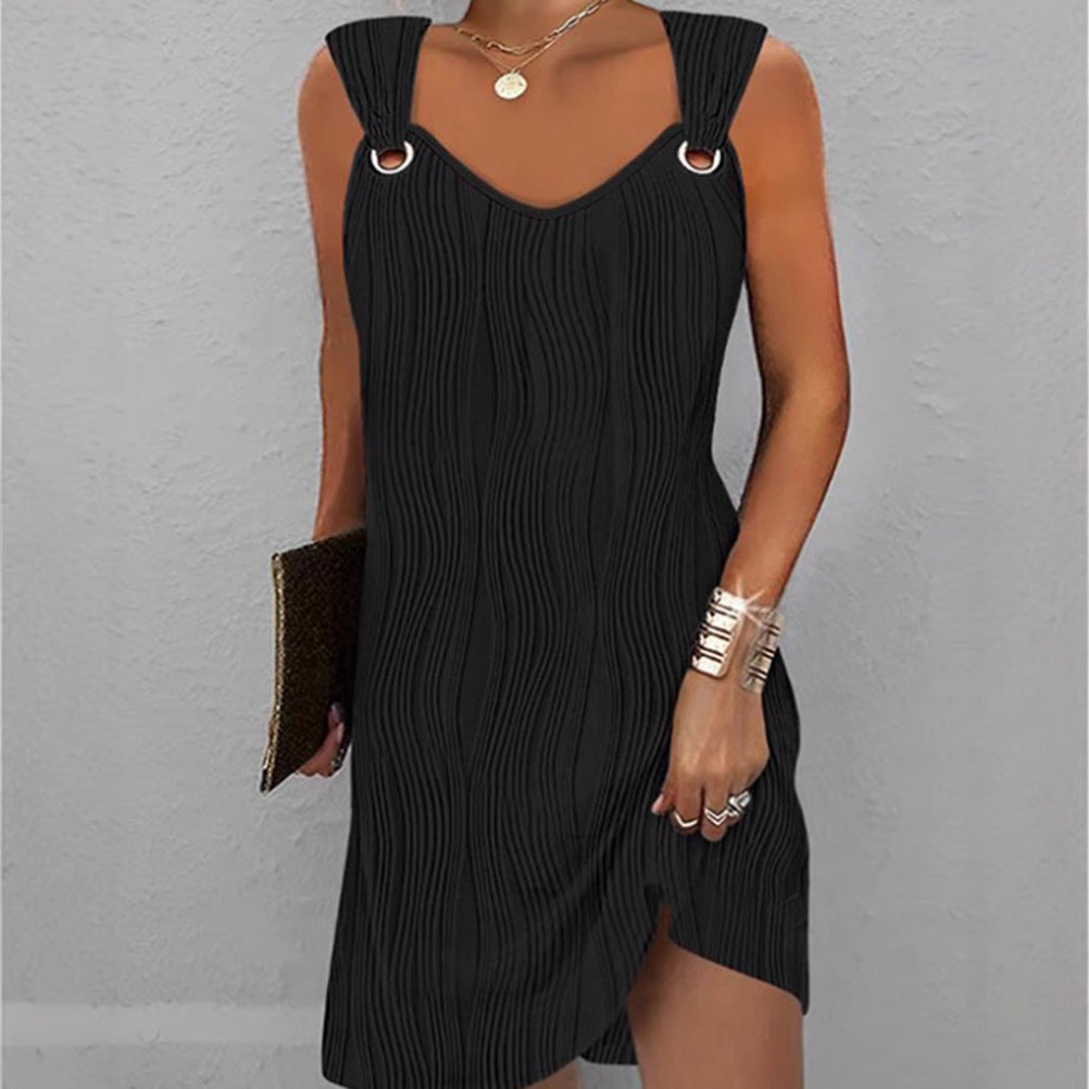 Women's Mini Dress – Slim Fit – Soft Knit – V-Neck – Modern Wavy Pattern
