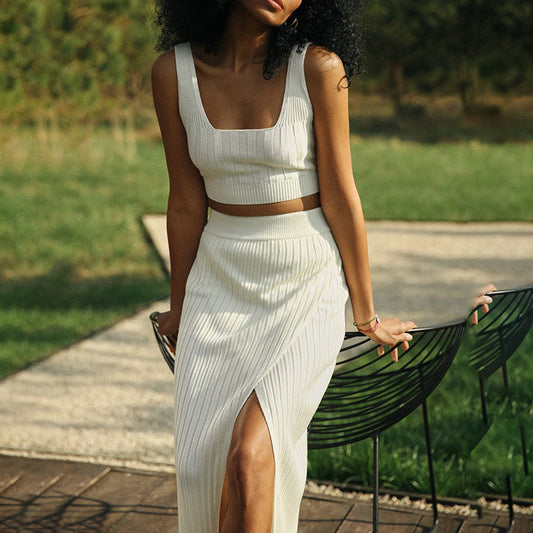 Women's Skirt – Ribbed Knit – High Waist – Slim Fit – Mid-Length with Slit