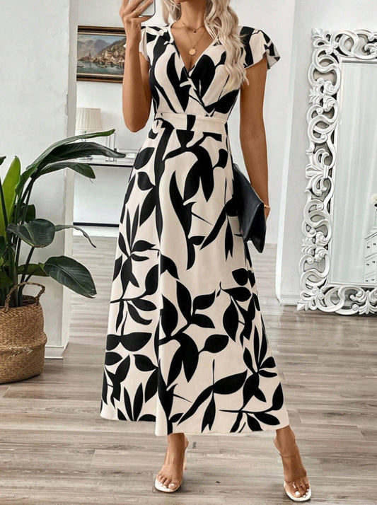 Women's long dress – Wrap-front neckline – Floral print – Fluid flared cut