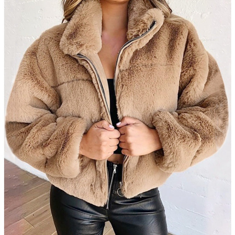 Women's cardigan coat – Faux fur – Oversize cut – Zip-up stand collar