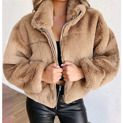 Women's cardigan coat – Faux fur – Oversize cut – Zip-up stand collar