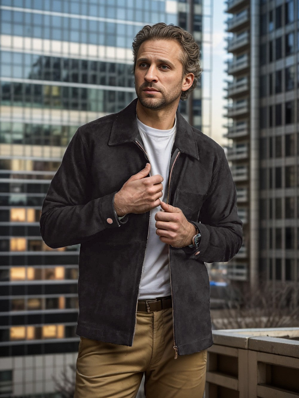 Veste homme – Coupe slim – Suédine – Col montant – Fermeture zippée – Style décontracté