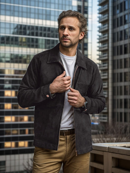 Veste homme – Coupe slim – Suédine – Col montant – Fermeture zippée – Style décontracté
