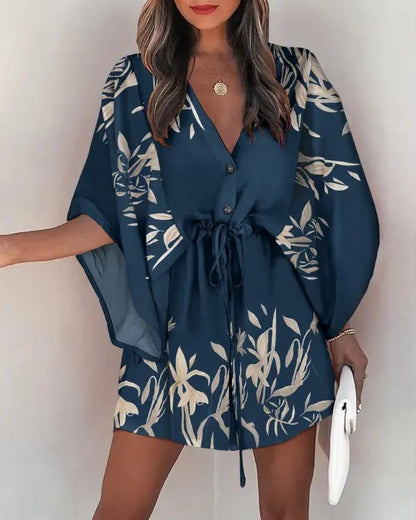 Women's Casual Dress – V-neck – Lace-up Waist – Ruffled Sleeves – Flowy Cut