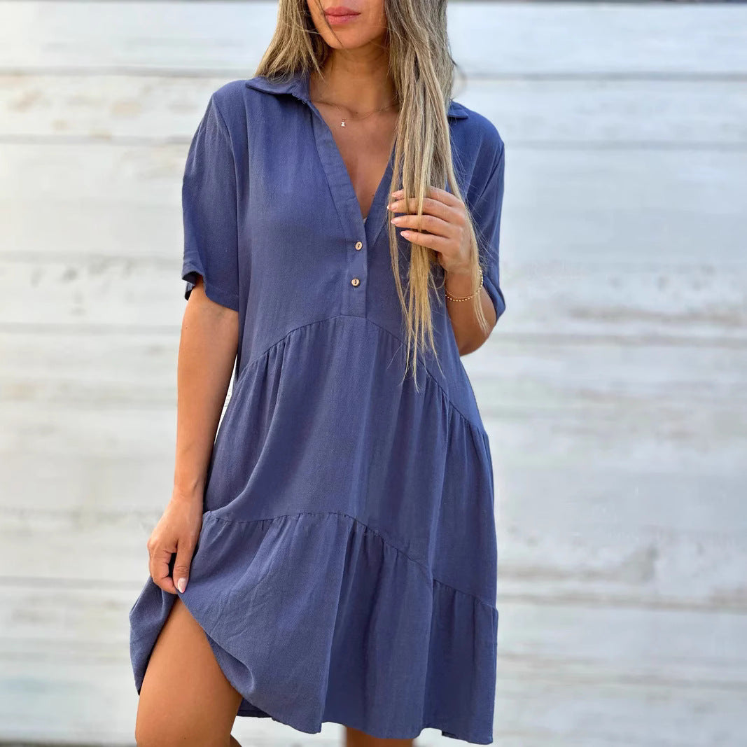 Women's trapeze dress – Breathable natural fibers – Short sleeves – Buttoned V-neck