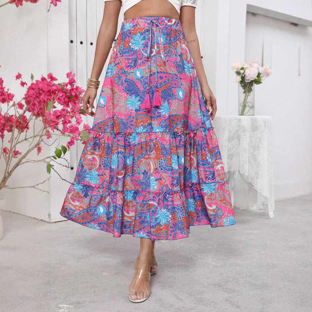 Long women's skirt – Flowing cut – Drawstring waist – Ruffles – Bohemian motifs