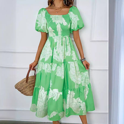 Women's midi dress – Bare shoulders – Puff sleeves – Flared flowing cut