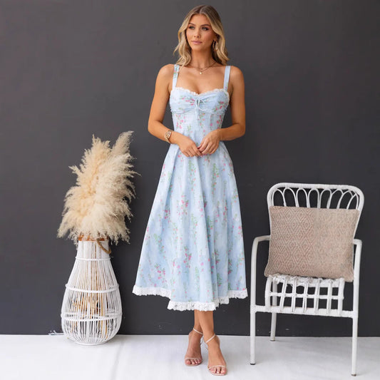 Women's midi dress – Flared cut – Thin straps – Floral print – Lace trim
