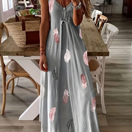 Women's long dress – Fluid cut – Sleeveless – V-neck – Breathable fabric with foliage print