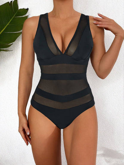 Women's one-piece swimsuit – Plunging neckline – Mesh insert – Fitted cut