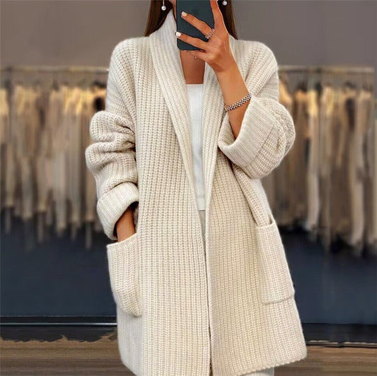 Cardigan femme – Maille épaisse – Coupe oversize – Manches longues – Poches plaquées