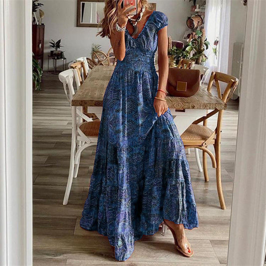 Robe longue femme – Encolure V – Manches courtes – Taille smockée – Jupe à volants
