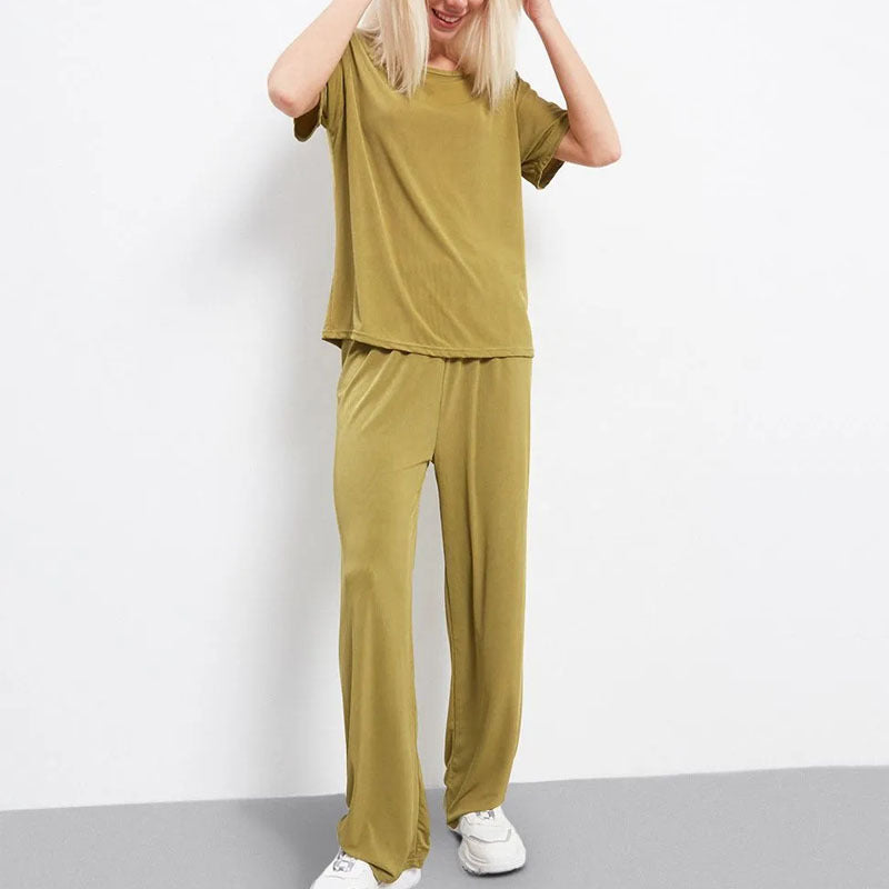 Women's Lounge Set – Cropped Top Short Sleeves – Wide Leg Pants – Breathable Fabric