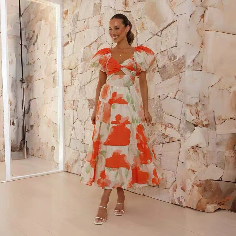 Robe longue femme – Imprimé élégant – Manches bouffantes – Coupe fluide – Tissu respirant