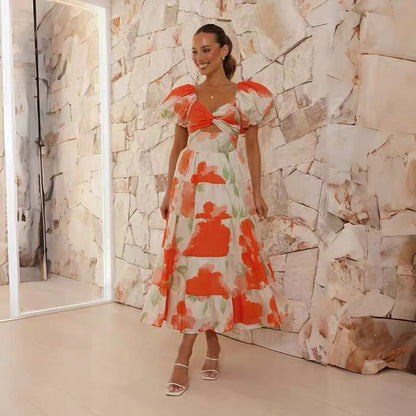 Robe longue femme – Imprimé élégant – Manches bouffantes – Coupe fluide – Tissu respirant