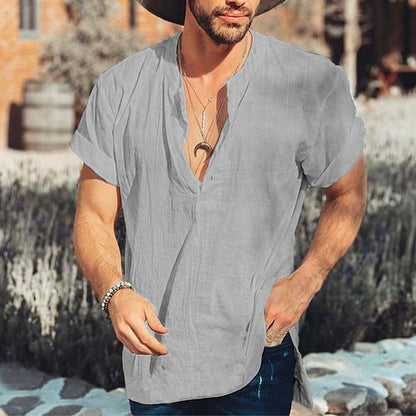Casual men's shirt – Loose fit – Short sleeves – Breathable natural fibers – V-neck