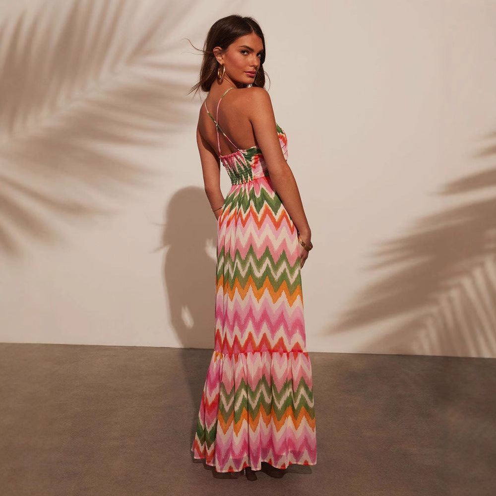 Robe longue femme – Coupe fluide – Col halter – Jupe évasée à volants – Tissu respirant