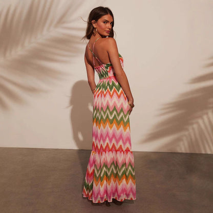 Robe longue femme – Coupe fluide – Col halter – Jupe évasée à volants – Tissu respirant